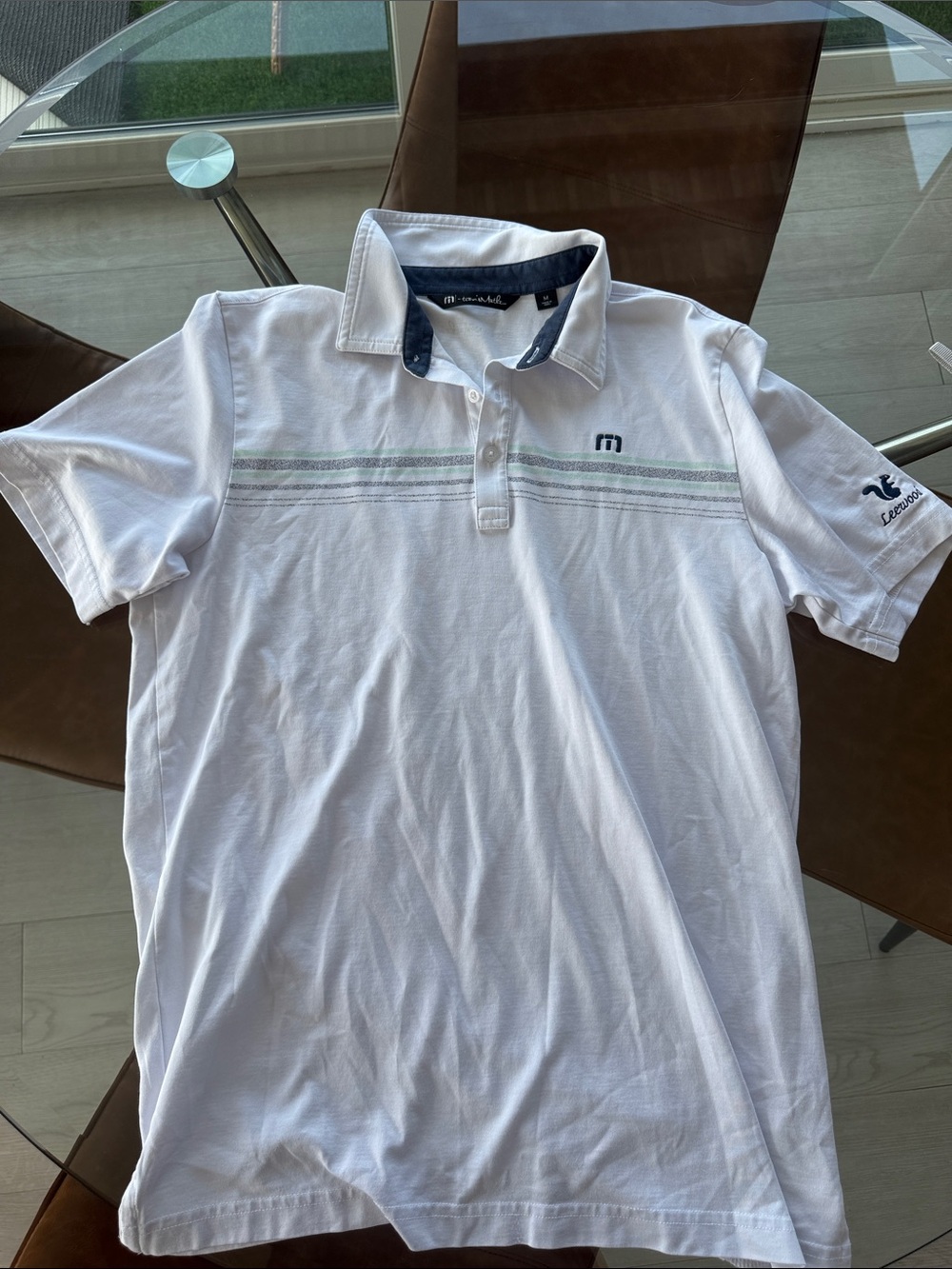 Travis Mathew  White Polo with Navy Accents and Mint Stripes